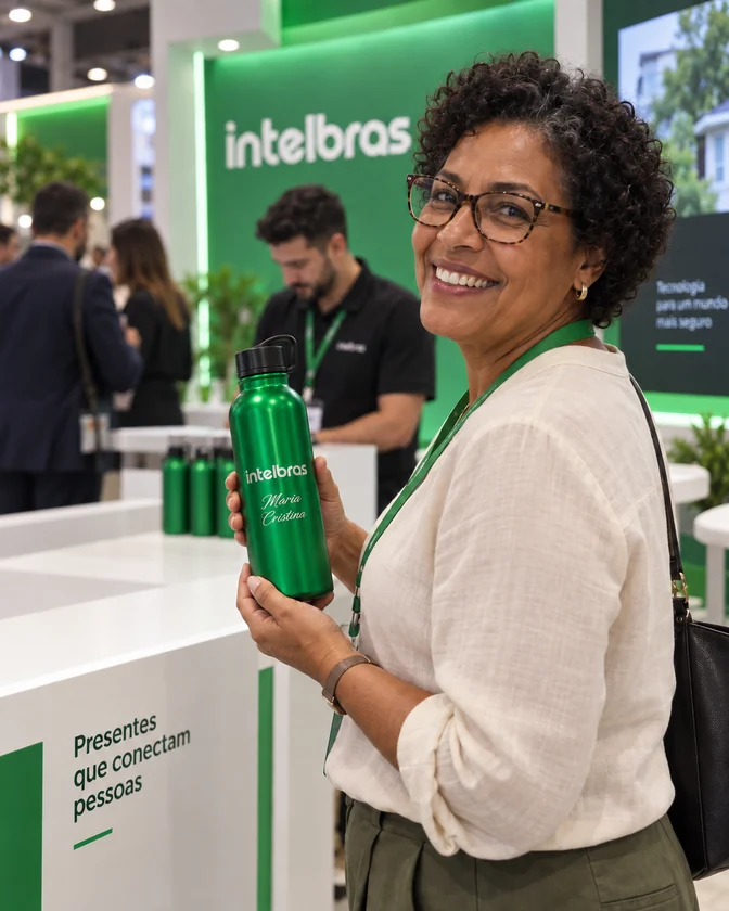 Cena conceitual de Maria Cristina com brinde personalizado Intelbras