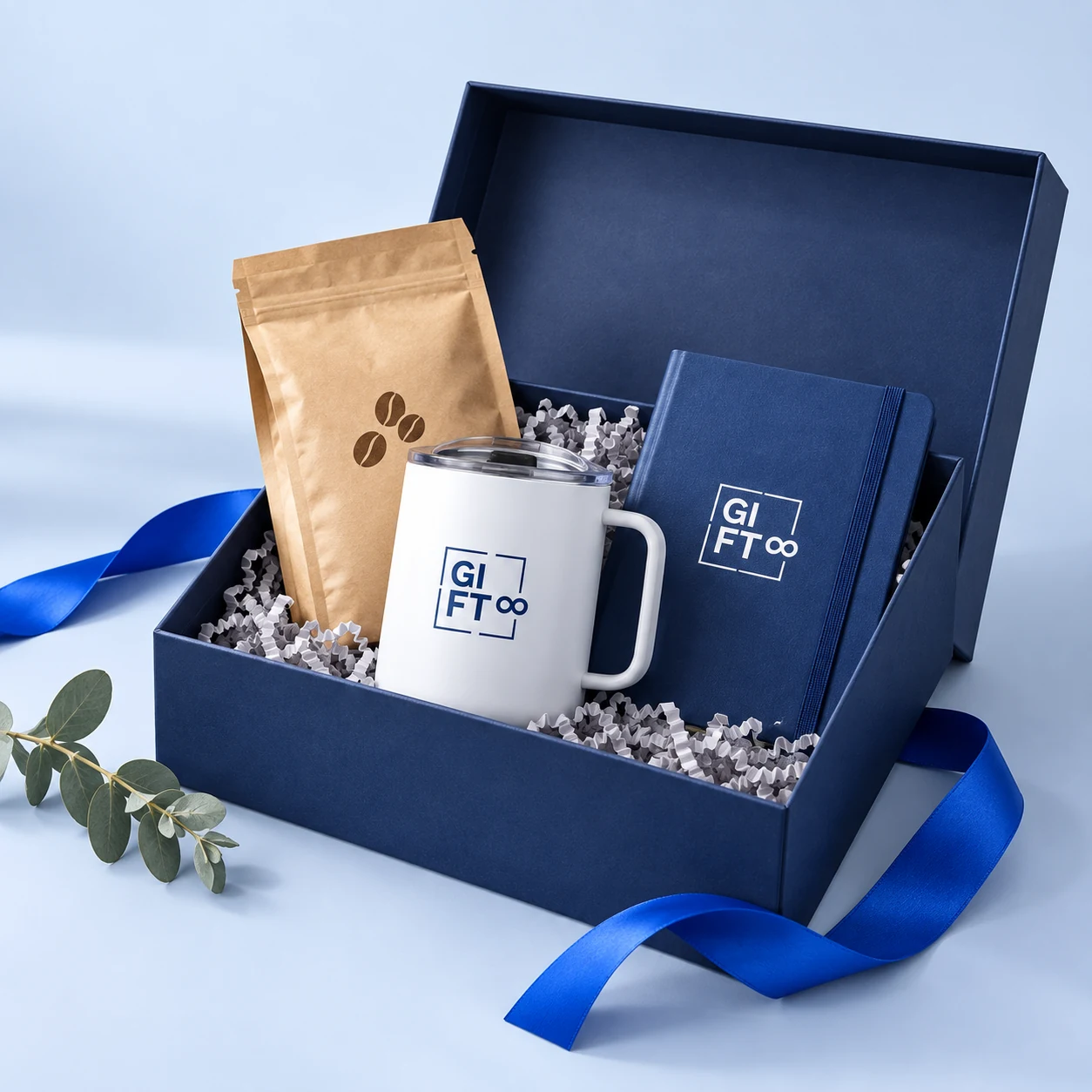 Presente corporativo Gift8 com copo e café
